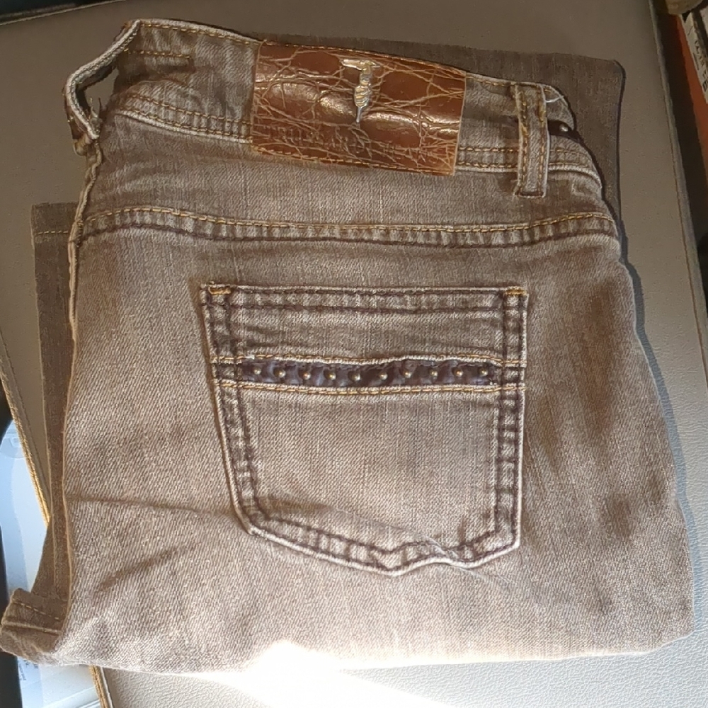 Brown Denim Jeans with Crocodile Pattern Patch
